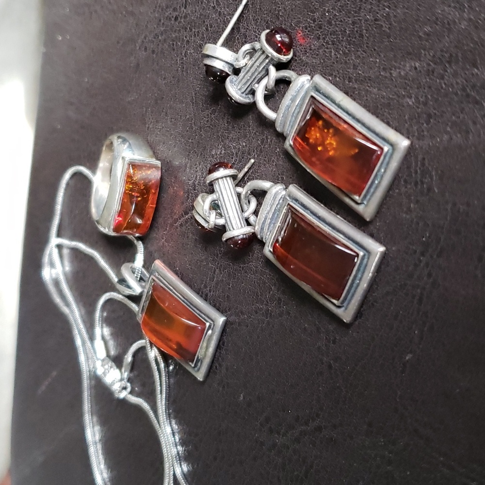 SALE.  Amber Sterling drop earrings,pendant and ring